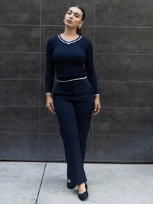 Andrea Bello Elegant Rib-Knit Navy Blue V-Neck Sweater With Regular Hem And Striped Detailing,Fall Clothes For Women, Summer Outfits , Beach Holiday - Navy Blue - View 5
