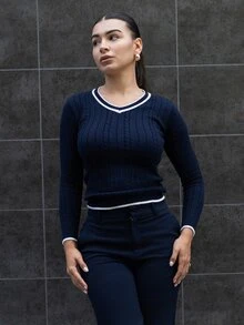 Andrea Bello Elegant Rib-Knit Navy Blue V-Neck Sweater With Regular Hem And Striped Detailing,Fall Clothes For Women, Summer Outfits , Beach Holiday - Navy Blue - View 4