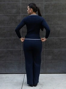 Andrea Bello Elegant Rib-Knit Navy Blue V-Neck Sweater With Regular Hem And Striped Detailing,Fall Clothes For Women, Summer Outfits , Beach Holiday - Navy Blue - View 2