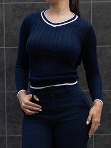 Andrea Bello Elegant Rib-Knit Navy Blue V-Neck Sweater With Regular Hem And Striped Detailing,Fall Clothes For Women, Summer Outfits , Beach Holiday - Navy Blue - View 3
