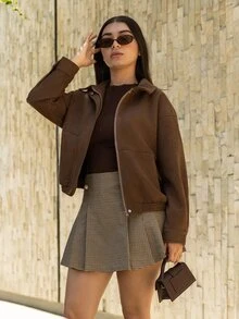 Andrea Bello 女士宽松休闲棕色短款外套，秋冬款 - 鏽棕色 - 查看 3