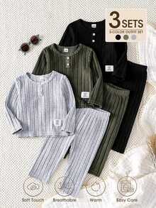 SHEIN Vintaside Kids 男嬰多件套秋冬長袖T恤套裝，純色針織圓領上衣 + 休閒長褲 2件套，簡約時尚百搭風格，適合嬰兒日常穿著、戶外旅行、度假、休閒室內、露營、野餐、幼兒園上學穿著 - 彩色 - 查看 2