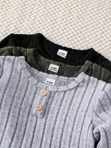 SHEIN Vintaside Kids 男嬰多件套秋冬長袖T恤套裝，純色針織圓領上衣 + 休閒長褲 2件套，簡約時尚百搭風格，適合嬰兒日常穿著、戶外旅行、度假、休閒室內、露營、野餐、幼兒園上學穿著 - 彩色 - 查看 9
