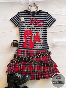 IslaSuriya Y2K Grunge Gothic Style Women's Printed T-Shirt And Skirt Two Pieces Set Rock Style Music Festivals Night Out Everyday Halloween Grey Red Plaid Summer - Multicolor - View 1