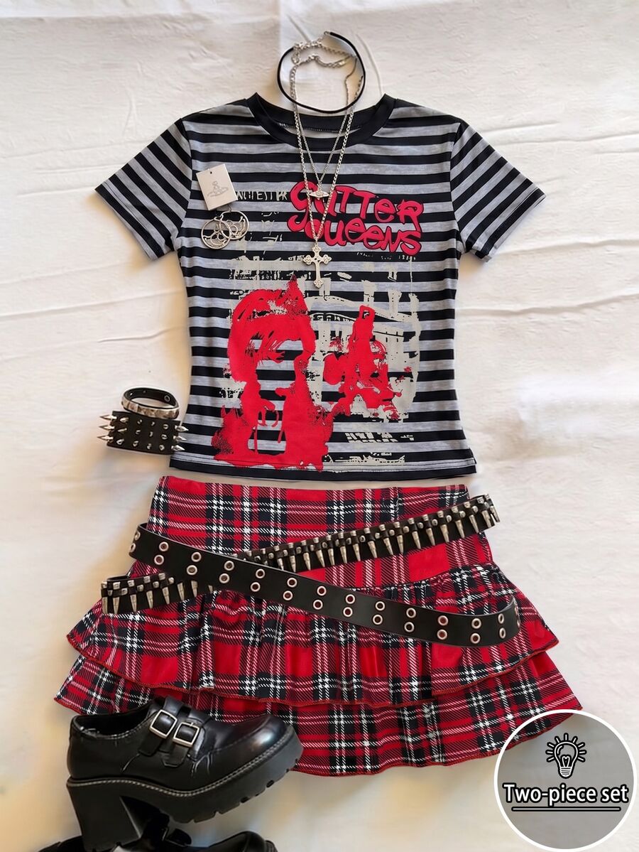 IslaSuriya Y2K Grunge Gothic Style Women's Printed T-Shirt And Skirt Two Pieces Set Rock Style Music Festivals Night Out Everyday Halloween Grey Red Plaid Summer - Multicolor - View 1