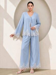Graceveil Conjunto de 2 piezas de top y pantalones casuales minimalistas relajados con patchwork de encaje, manga larga y cuello en V, azul, adecuado para mujeres, atuendo de vacaciones, ropa de primavera/verano, ropa de playa - Celeste - Ver 6