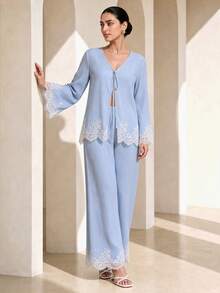 Graceveil Conjunto de 2 piezas de top y pantalones casuales minimalistas relajados con patchwork de encaje, manga larga y cuello en V, azul, adecuado para mujeres, atuendo de vacaciones, ropa de primavera/verano, ropa de playa - Celeste - Ver 5