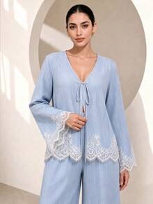 Graceveil Conjunto de 2 piezas de top y pantalones casuales minimalistas relajados con patchwork de encaje, manga larga y cuello en V, azul, adecuado para mujeres, atuendo de vacaciones, ropa de primavera/verano, ropa de playa - Celeste - Ver 4