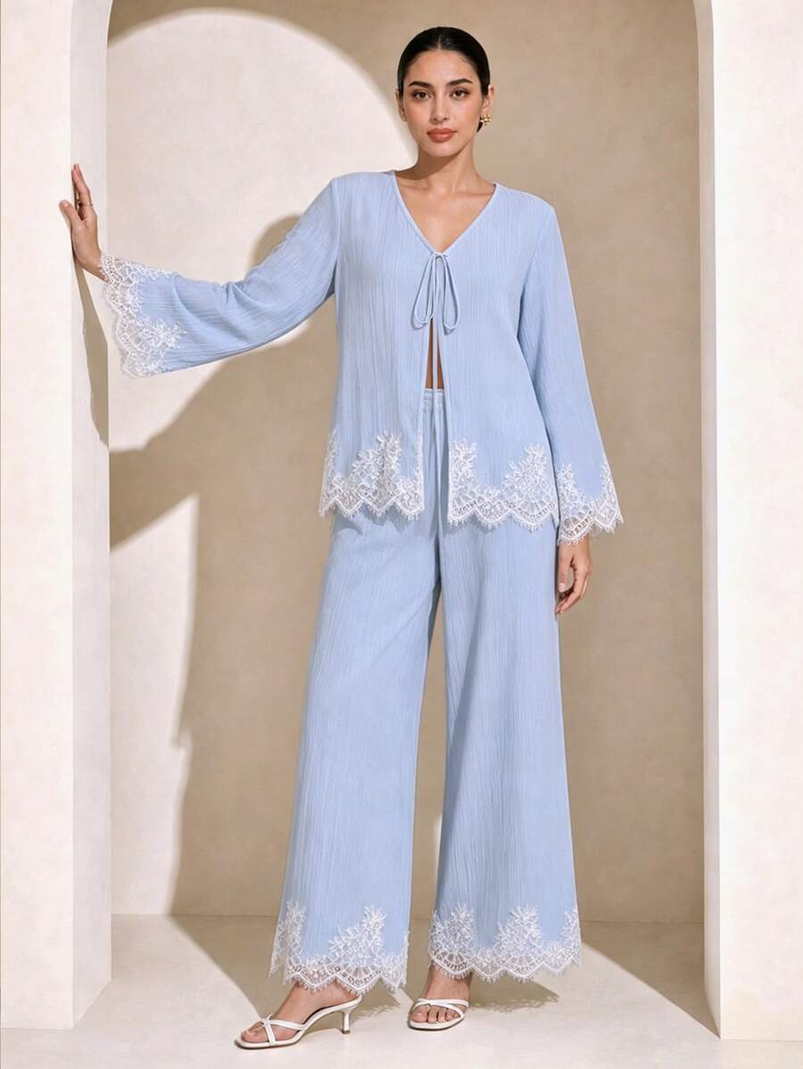 Graceveil Conjunto de 2 piezas de top y pantalones casuales minimalistas relajados con patchwork de encaje, manga larga y cuello en V, azul, adecuado para mujeres, atuendo de vacaciones, ropa de primavera/verano, ropa de playa