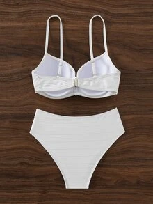 SHEIN Swim 女士純色十字帶帶鋼托聚攏比基尼套裝（硬碗版本），適用於度假、夏季沙灘 - 白色 - 查看 8