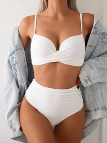 SHEIN Swim 女士純色十字帶帶鋼托聚攏比基尼套裝（硬碗版本），適用於度假、夏季沙灘 - 白色 - 查看 6