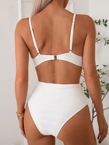 SHEIN Swim 女士純色十字帶帶鋼托聚攏比基尼套裝（硬碗版本），適用於度假、夏季沙灘 - 白色 - 查看 2