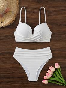 SHEIN Swim 女士純色十字帶帶鋼托聚攏比基尼套裝（硬碗版本），適用於度假、夏季沙灘 - 白色 - 查看 7