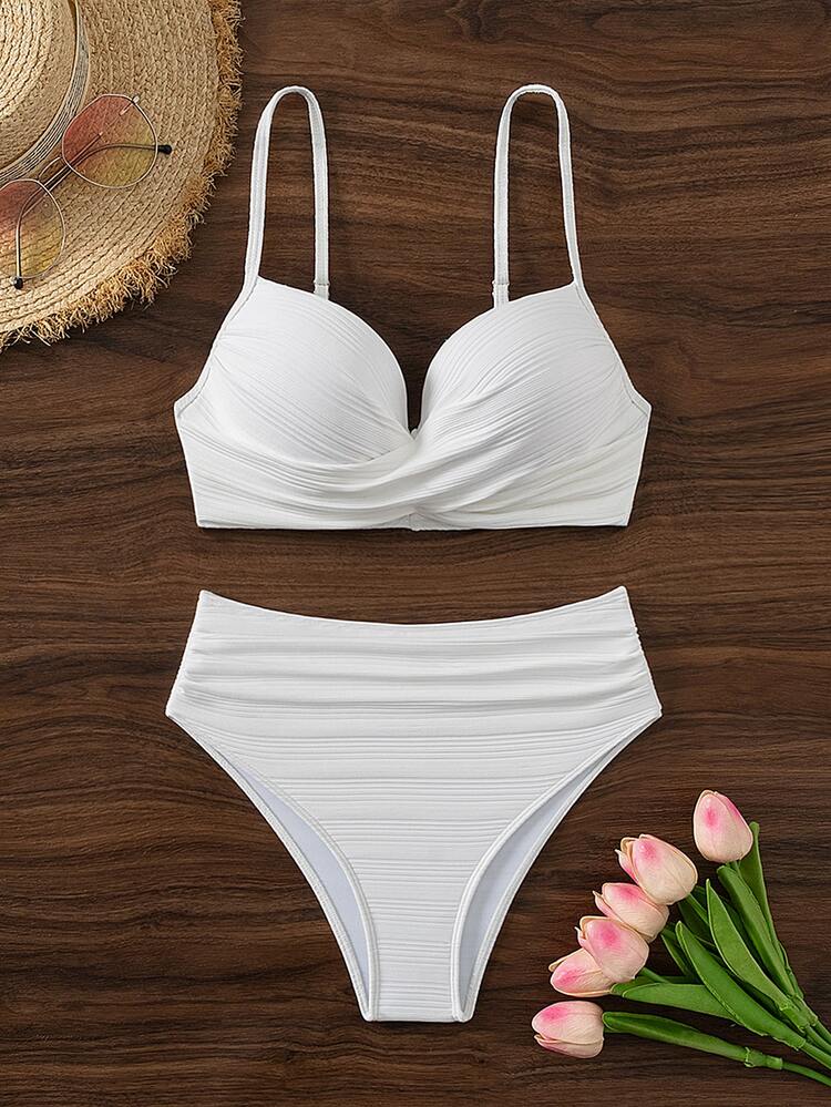 SHEIN Swim Women Plain Criss-Cross Sexy Bikini Set With Underwire Support (Hard Cup Version) For Vacation,Summer Beach - White - View 7