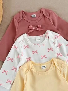 SHEIN Vintaside Kids 新生兒秋季長袖連身衣多件套裝，嬰兒羅紋連身褲配休閒長褲，甜美蝴蝶結印花嬰兒服飾，簡約百搭日常穿著套裝，多件組合甜美極簡風，適合嬰兒日常居家與外出穿著 - 彩色 - 查看 9