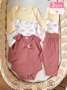 SHEIN Vintaside Kids 新生兒秋季長袖連身衣多件套裝，嬰兒羅紋連身褲配休閒長褲，甜美蝴蝶結印花嬰兒服飾，簡約百搭日常穿著套裝，多件組合甜美極簡風，適合嬰兒日常居家與外出穿著 - 彩色 - 查看 4