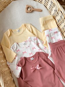 SHEIN Vintaside Kids 新生兒秋季長袖連身衣多件套裝，嬰兒羅紋連身褲配休閒長褲，甜美蝴蝶結印花嬰兒服飾，簡約百搭日常穿著套裝，多件組合甜美極簡風，適合嬰兒日常居家與外出穿著 - 彩色 - 查看 10