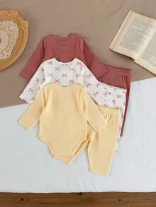 SHEIN Vintaside Kids 新生兒秋季長袖連身衣多件套裝，嬰兒羅紋連身褲配休閒長褲，甜美蝴蝶結印花嬰兒服飾，簡約百搭日常穿著套裝，多件組合甜美極簡風，適合嬰兒日常居家與外出穿著 - 彩色 - 查看 2