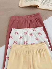 SHEIN Vintaside Kids 新生兒秋季長袖連身衣多件套裝，嬰兒羅紋連身褲配休閒長褲，甜美蝴蝶結印花嬰兒服飾，簡約百搭日常穿著套裝，多件組合甜美極簡風，適合嬰兒日常居家與外出穿著 - 彩色 - 查看 6