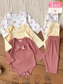 SHEIN Vintaside Kids 新生兒秋季長袖連身衣多件套裝，嬰兒羅紋連身褲配休閒長褲，甜美蝴蝶結印花嬰兒服飾，簡約百搭日常穿著套裝，多件組合甜美極簡風，適合嬰兒日常居家與外出穿著 - 彩色 - 查看 5