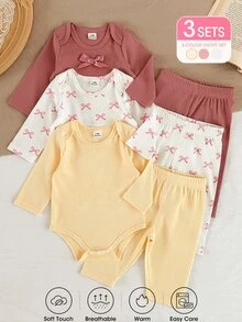 SHEIN Vintaside Kids 新生兒秋季長袖連身衣多件套裝，嬰兒羅紋連身褲配休閒長褲，甜美蝴蝶結印花嬰兒服飾，簡約百搭日常穿著套裝，多件組合甜美極簡風，適合嬰兒日常居家與外出穿著 - 彩色 - 查看 3