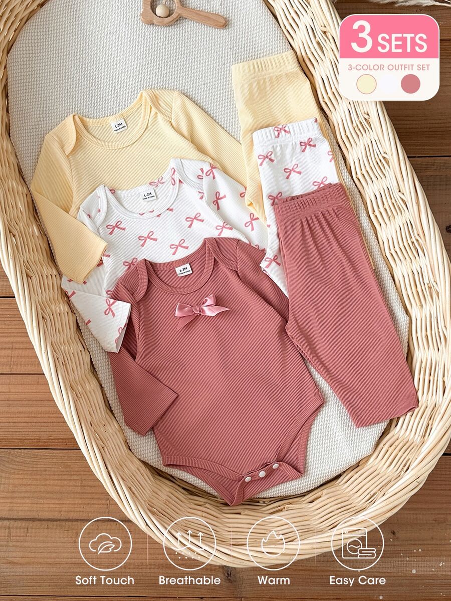 SHEIN Vintaside Kids 新生兒秋季長袖連身衣多件套裝,嬰兒羅紋連身褲配休閒長褲,甜美蝴蝶結印花嬰兒服飾,簡約百搭日常穿著套裝,多件組合甜美極簡風,適合嬰兒日常居家與外出穿著 - 彩色 - 查看 1