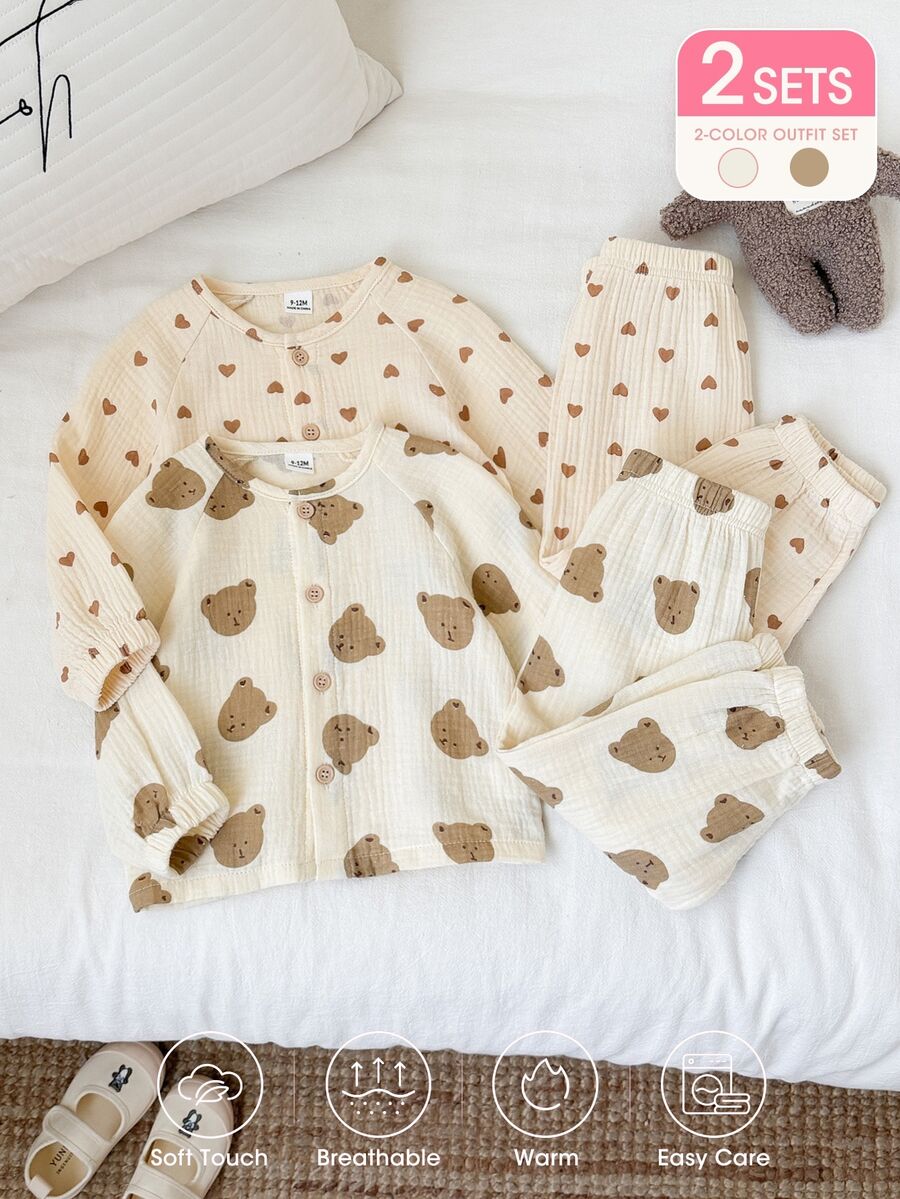 SHEIN Vintaside Kids 女嬰秋季奶油米色甜美韓風輕量棉紗襯衫套裝，熊與愛心印花長袖上衣搭配休閒長褲多件套，寬鬆舒適日常穿著，韓式極簡百搭日常外出穿搭，秋冬理想服裝套裝