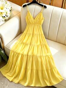 GlowEve Yellow V-Neck Spaghetti Strap Ruffle Hem Vacation Dress, Casual Beach Outfit For Summer, Metal Decor Buckle, Long Dress For Women - Yellow - View 2