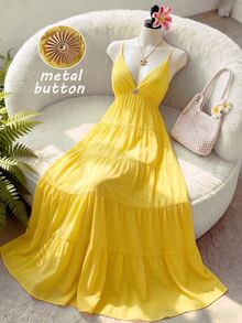 GlowEve Yellow V-Neck Spaghetti Strap Ruffle Hem Vacation Dress, Casual Beach Outfit For Summer, Metal Decor Buckle, Long Dress For Women - Yellow - View 1