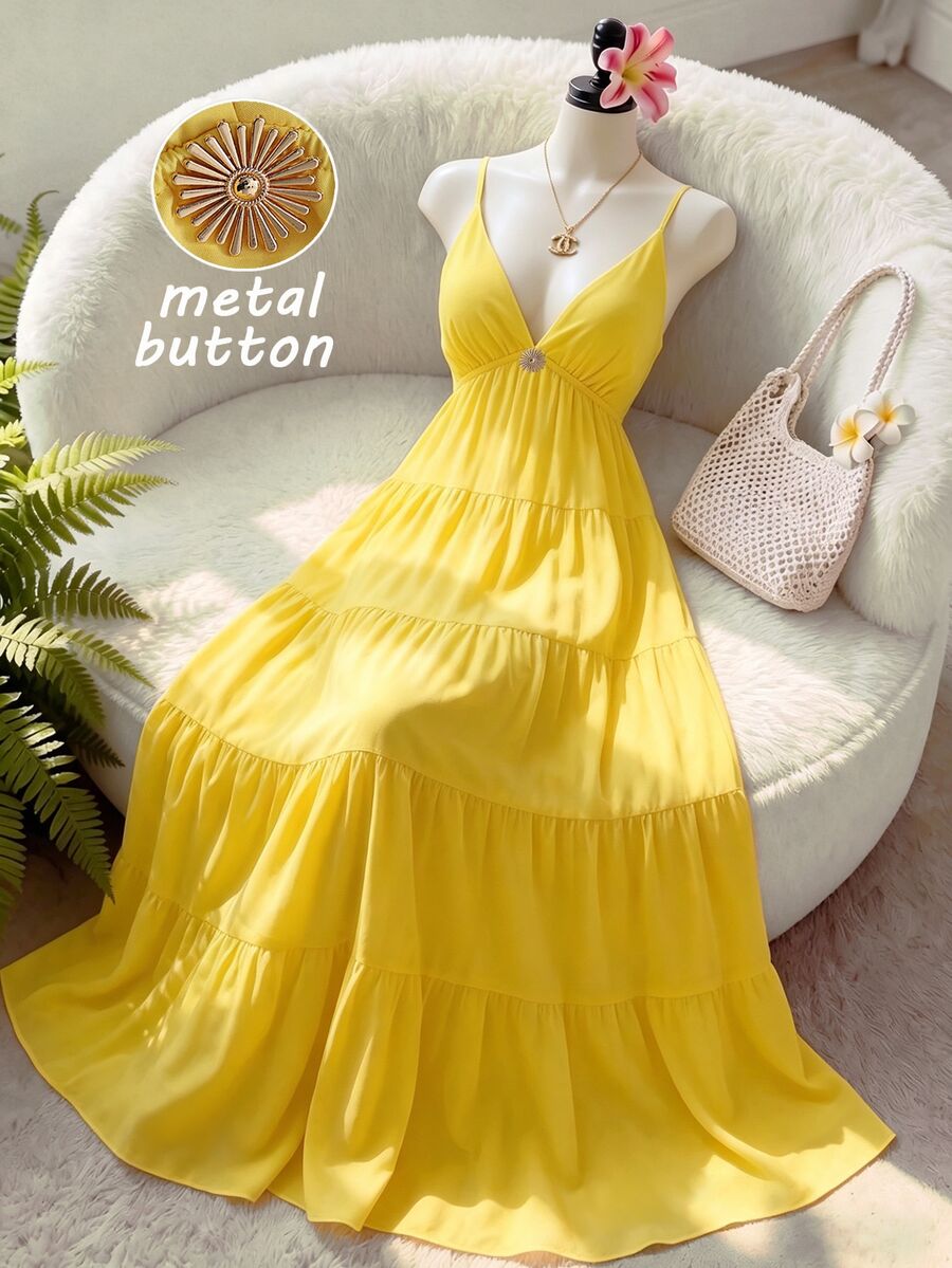 GlowEve Yellow V-Neck Spaghetti Strap Ruffle Hem Vacation Dress, Casual Beach Outfit For Summer, Metal Decor Buckle, Long Dress For Women - Yellow - View 1