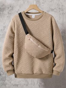 SHEIN 兒童男童休閒圓領長袖舒適衛衣，口袋裝飾，秋冬款 - 卡其色 - 查看 4