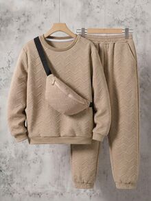 SHEIN 兒童男童休閒圓領長袖舒適衛衣，口袋裝飾，秋冬款 - 卡其色 - 查看 7