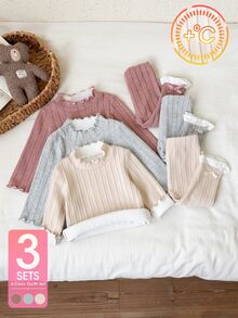 Vintaside Kids 女嬰冬季高領長袖保暖內裡上衣與百搭休閒簡約長褲多件套裝，純色時尚簡約款，適合寒冷天氣外出、休閒散步、上學、日常穿著、購物或度假，舒適面料必備冬季套裝 - 彩色 - 查看 1