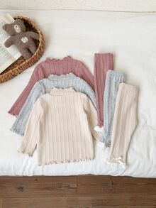 Vintaside Kids 女嬰冬季高領長袖保暖內裡上衣與百搭休閒簡約長褲多件套裝，純色時尚簡約款，適合寒冷天氣外出、休閒散步、上學、日常穿著、購物或度假，舒適面料必備冬季套裝 - 彩色 - 查看 2