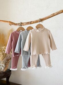 Vintaside Kids 女嬰冬季高領長袖保暖內裡上衣與百搭休閒簡約長褲多件套裝，純色時尚簡約款，適合寒冷天氣外出、休閒散步、上學、日常穿著、購物或度假，舒適面料必備冬季套裝 - 彩色 - 查看 4