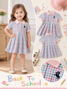 SHEIN Baby Girl Colorful Plaid Casual Dress, Single Piece, Ribbed Collar, Ribbed Cuffs, Suitable For Casual, Outings, Sports, Parties - Multicolor - View 3
