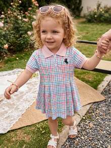 SHEIN Baby Girl Colorful Plaid Casual Dress, Single Piece, Ribbed Collar, Ribbed Cuffs, Suitable For Casual, Outings, Sports, Parties - Multicolor - View 6