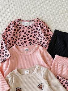 SHEIN Vintaside Kids 新生兒春秋圓領肩開口長袖極簡休閒百搭上衣與時尚休閒百搭長褲多件套裝，適合外出、旅行、露營或日常休閒公園散步 - 彩色 - 查看 9