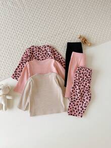 SHEIN Vintaside Kids 新生兒春秋圓領肩開口長袖極簡休閒百搭上衣與時尚休閒百搭長褲多件套裝，適合外出、旅行、露營或日常休閒公園散步 - 彩色 - 查看 3