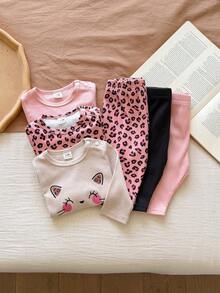 SHEIN Vintaside Kids 新生兒春秋圓領肩開口長袖極簡休閒百搭上衣與時尚休閒百搭長褲多件套裝，適合外出、旅行、露營或日常休閒公園散步 - 彩色 - 查看 5