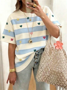EMERY ROSE Light Blue Striped Print T-Shirt, Summer Cute Vacation Sweet-Style Retro Casual Wear, Stylish Comfortable Versatile Top For Spring, Autumn Formal - White - View 1