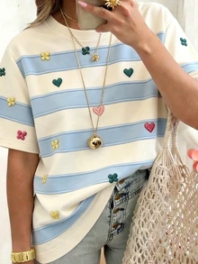 EMERY ROSE Light Blue Striped Print T-Shirt, Summer Cute Vacation Sweet-Style Retro Casual Wear, Stylish Comfortable Versatile Top For Spring, Autumn Formal - White - View 3