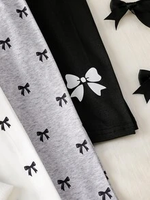SHEIN Vintaside Kids 嬰兒與幼兒長袖衛衣與緊身褲套裝：羅紋圓領拼色上衣 + 彈性九分長褲 + 女嬰亮片蝴蝶結印花休閒套裝 - 彩色 - 查看 6