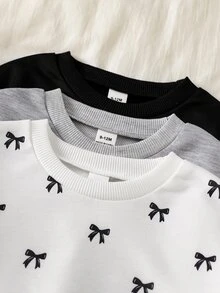 SHEIN Vintaside Kids 嬰兒與幼兒長袖衛衣與緊身褲套裝：羅紋圓領拼色上衣 + 彈性九分長褲 + 女嬰亮片蝴蝶結印花休閒套裝 - 彩色 - 查看 10