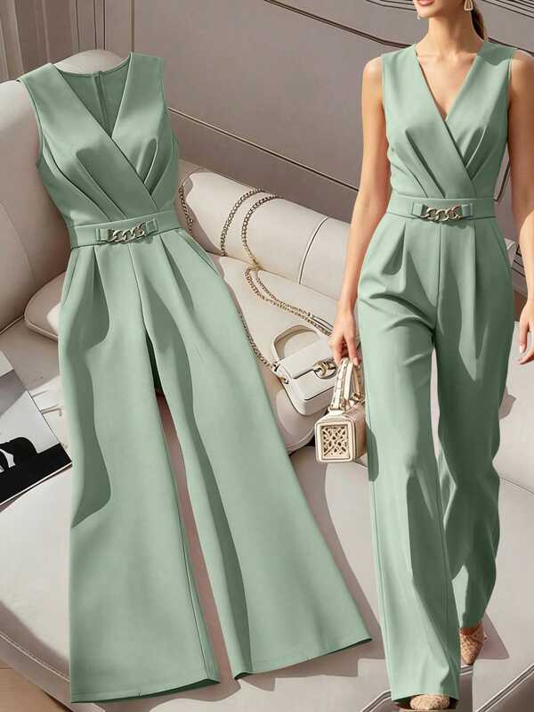 Franclia Elegant Urban Commute Casual Versatile V-Neck Sleeveless Cinched Waist Metal Decor Pink Wide Leg Jumpsuit Pants For Women, Spring/Summer