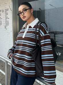 Dazy Plus 寬鬆街頭風拼色條紋 Polo 領長袖秋季大尺碼女款 T 恤 校園圖案印花上衣 - 藏蓝色 - 查看 7