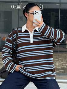 Dazy Plus 寬鬆街頭風拼色條紋 Polo 領長袖秋季大尺碼女款 T 恤 校園圖案印花上衣 - 藏蓝色 - 查看 2