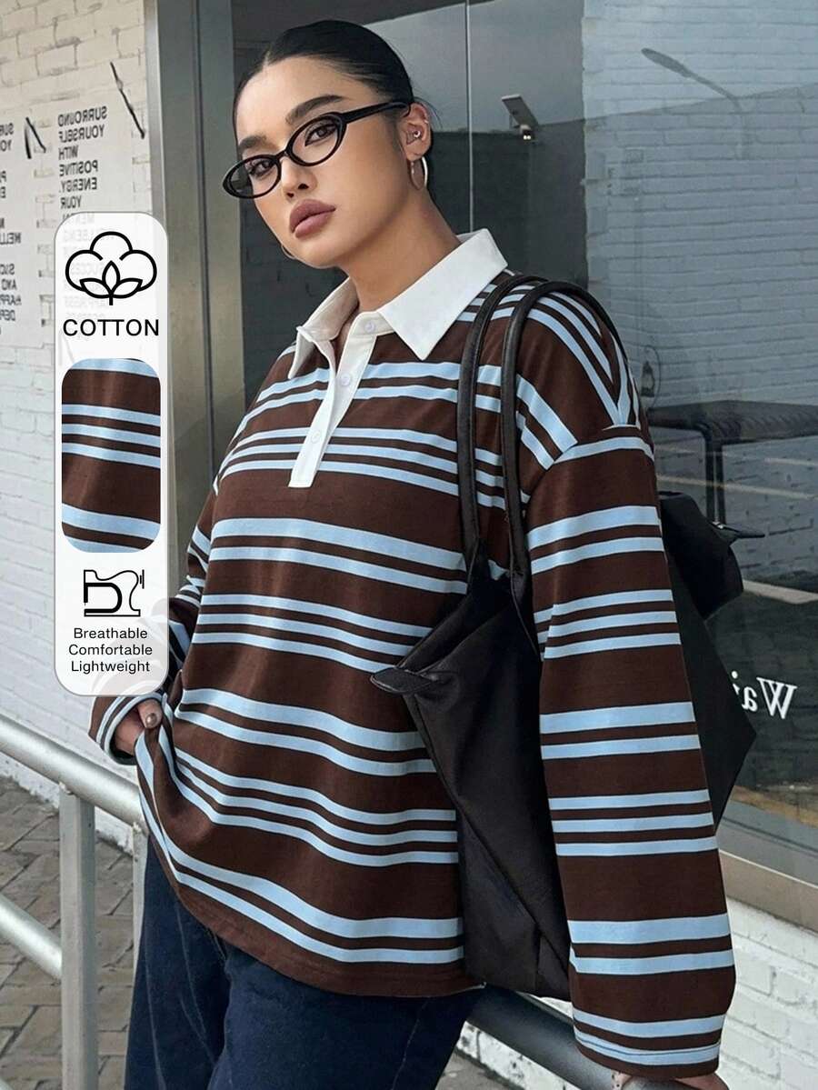 Dazy Plus 寬鬆街頭風拼色條紋 Polo 領長袖秋季大尺碼女款 T 恤 校園圖案印花上衣 - 藏蓝色 - 查看 1