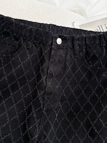 SHEIN 春夏韓系Ins風女款水洗牛仔時尚百搭寬鬆鑽紋提花後口袋寬腿黑色牛仔褲 畢業舞會告別式 Y2K - 黑色 - 查看 5