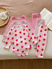Vintaside Kids Baby Girl Fashion Ribbed Knit Multi-Piece Set: Pink Solid + Sweet Strawberry Print Vintage Pinstripe Slim Fit Comfortable Outfit - Multicolor - View 3